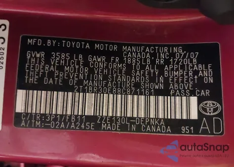 2008 Toyota Corolla Le из США, поврежденный, VIN 2T1BR30E88C871161